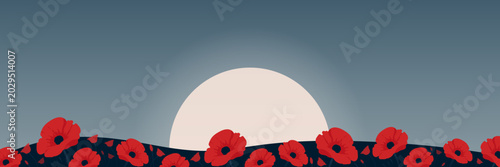 Tableau sur toile Red poppy field landscape at sunset wide banner vector illustration