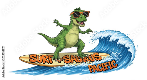 Cool Cartoon T-Rex Dinosaur Surfing on Ocean Wave with Sunglasses, Surf-Saurus Pacific Illustration