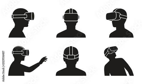 Virtual Reality Headset Silhouettes, VR Goggles Icons, Futuristic Technology User Views