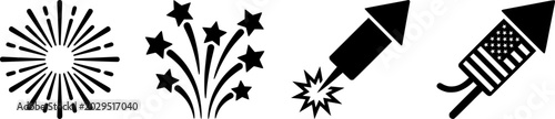 American Independence Day Fireworks Icon Set Featuring Festive Pyrotechnic Sparks and Rocket Silhouettes Vector Layout