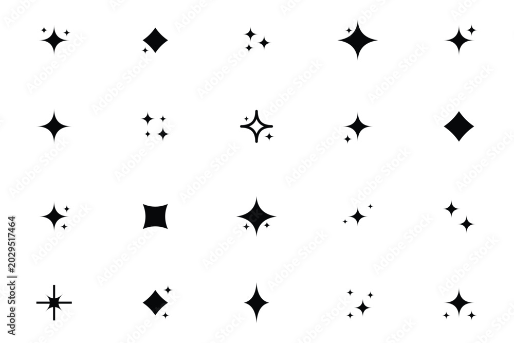 Fototapeta premium Black Sparkle Star Icon Set with Minimal Twinkle Magic Symbols Vector Illustration