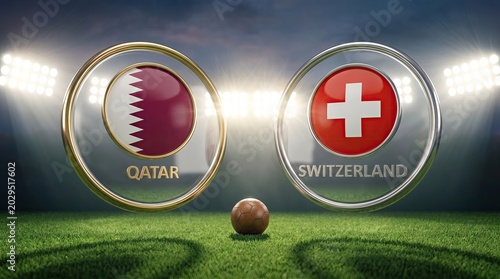 Qatar vs Switzerland Football Match Concept With Soccer Ball On Green Field