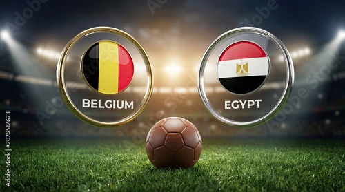 Belgium vs Egypt Soccer Match Flags on Stadium Field