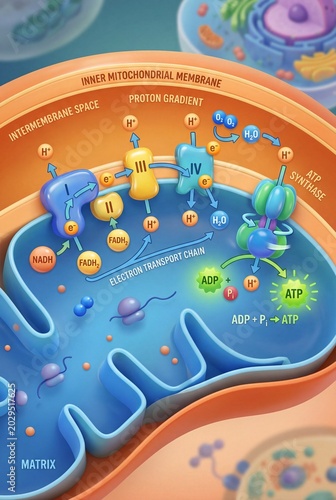 Vibrant biological illustration detailing mitochondrial energy production, the electron transport chain, and ATP synthesis within a cell