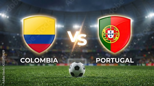 Colombia Vs Portugal Football Match Shields and Soccer Ball on Green Field