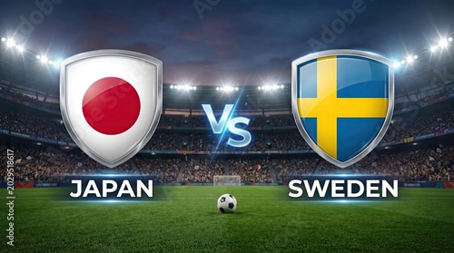 Japan Vs Sweden Football Match Concept With Flags On Shields