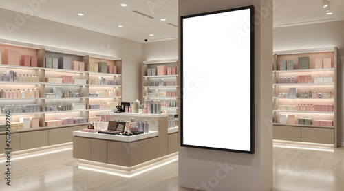 Modern boutique retail store interior with blank digital signage mockup.