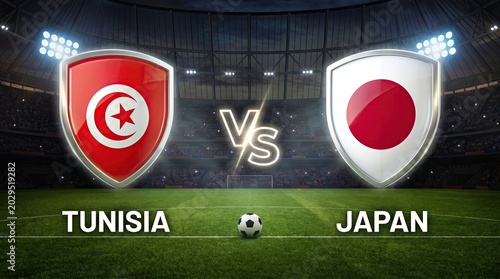 Tunisia Vs Japan Football Match Concept With National Shields On Green Field