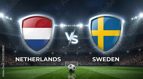 Netherlands VS Sweden Football Match Concept With Soccer Ball On Green Field