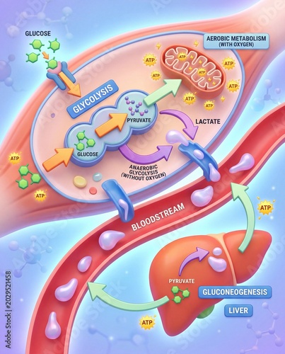 Cellular Glucose Metabolism Diagram Visualizing Energy Production, Glycolysis, Anaerobic Pathways, and Liver's Gluconeogenesis