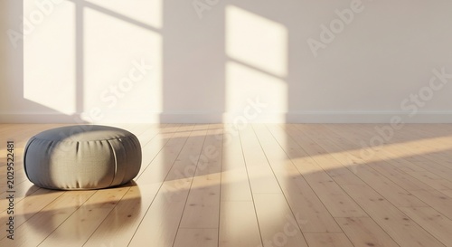 Zen Meditation Cushion Bathed in Warm Sunlight on Wooden Floor.