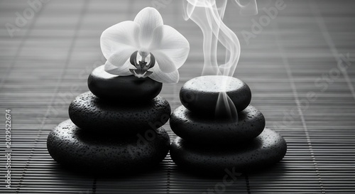 Serene Zen Stones and Orchid Flower with Steam for Spa and Wellness.