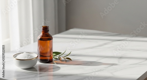 Natural Skincare Ingredients: Amber Bottle and White Powder in Bowl.