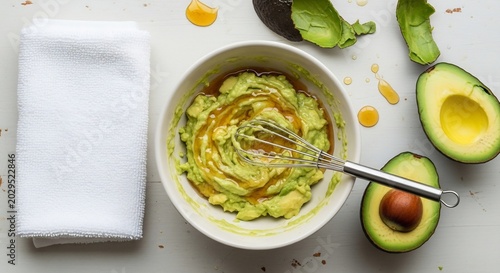 Fresh Avocado Mash with Drizzle and Ingredients.