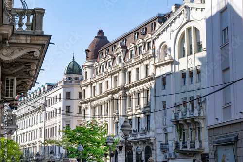 Tableau sur toile The architecture and architectural details of typical apartment buildings on Knez Mihailova Street, a city centre street of historical and cultural importance, Belgrade, Serbia