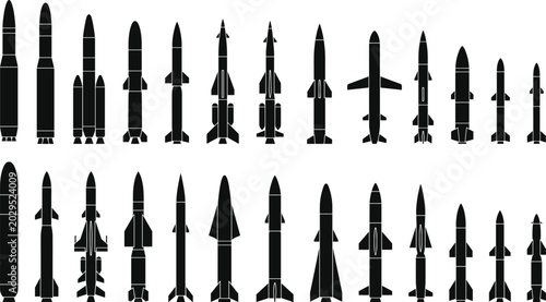 Obraz na plátně Military missile silhouettes vector icon set, rocket weapon types, cruise missiles, and ballistic projectiles isolated on white background