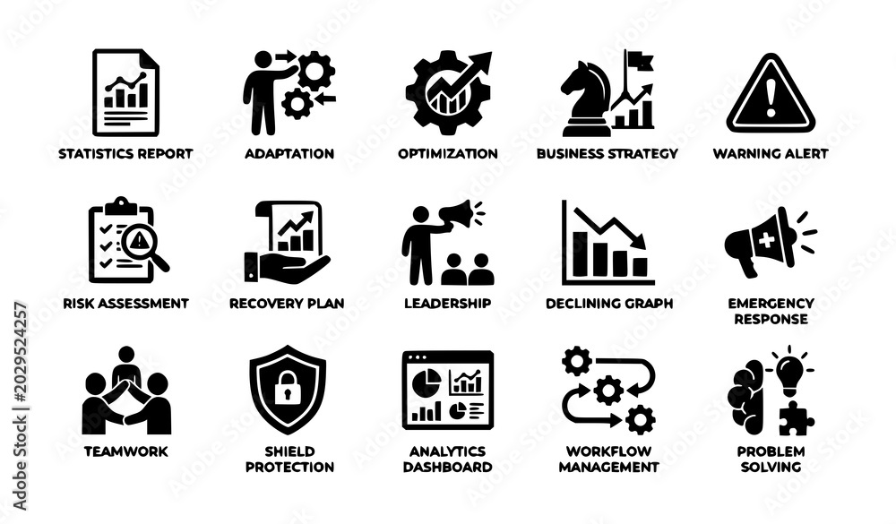Fototapeta premium Business Management and Corporate Strategy Solid Icon Set Featuring Optimization Gears, Leadership, Analytics Dashboard, Workflow Management, and Recovery Plan Symbols for Presentations