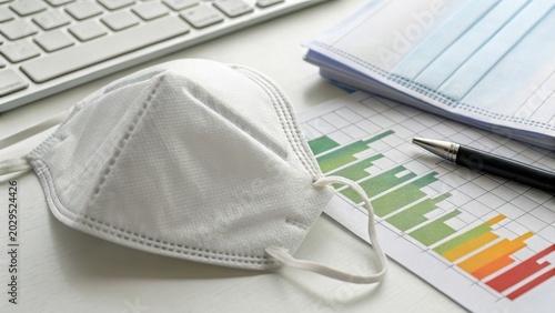 A white protective face mask lies on financial charts next to a pen and keyboard, symbolizing health precautions amid business or economic analysis.