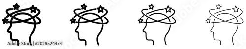 Tableau sur toile Line icons of a human head with spinning stars around it, symbolizing dizziness, disorientation, or concussion