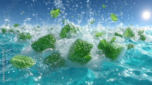 Fresh Green Mint Leaves Splashing in Turquoise Water Under Sunny Sky
