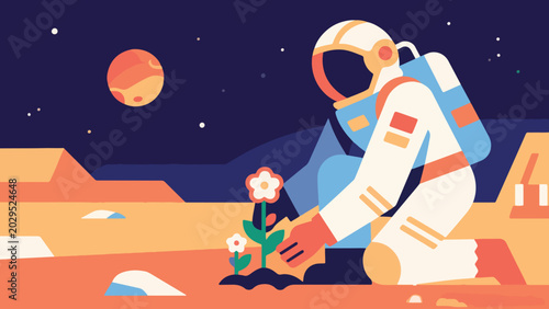 Bild auf Leinwand Illustration Of A Martian Colonist Planting Flowers Vector Design Template