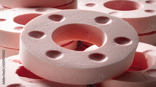 Pink Foam Ring with Circular Holes Stacked in Close Up