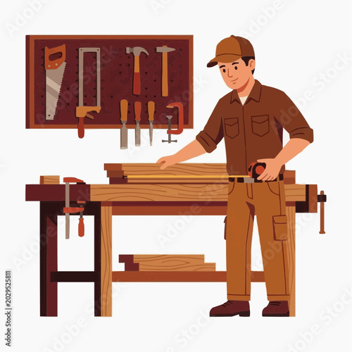 A diligent worker in uniform and cap stands beside his workbench, with stacked wooden planks and tools.