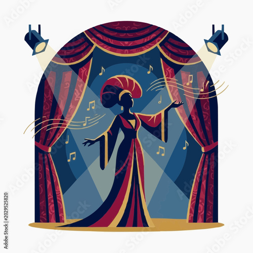An elegant female singer's silhouette takes center stage, illuminated by bright spotlights, adorned in a dramatic gown.