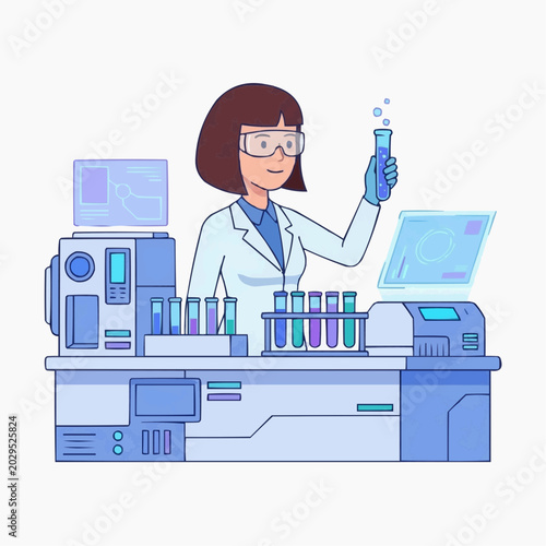 A focused female scientist, wearing goggles and coat, holds a test tube in her modern laboratory.