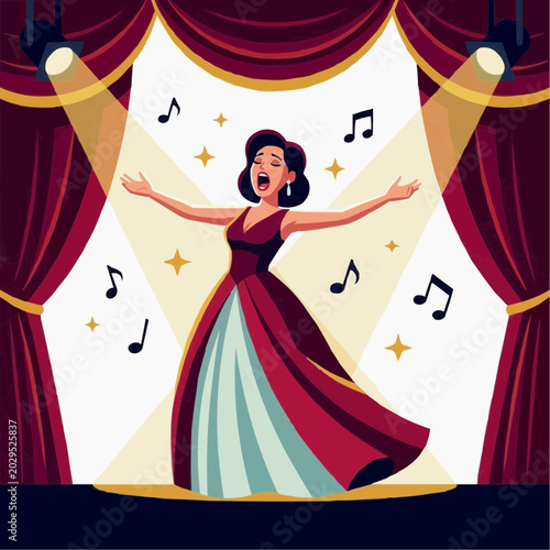 A passionate opera singer, radiant, performs vigorously on a spotlight stage, surrounded by musical notes and curtains.