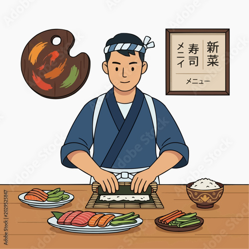 A skilled male sushi chef, wearing a traditional uniform, expertly prepares fresh maki rolls with rice and seaweed on a wooden mat.