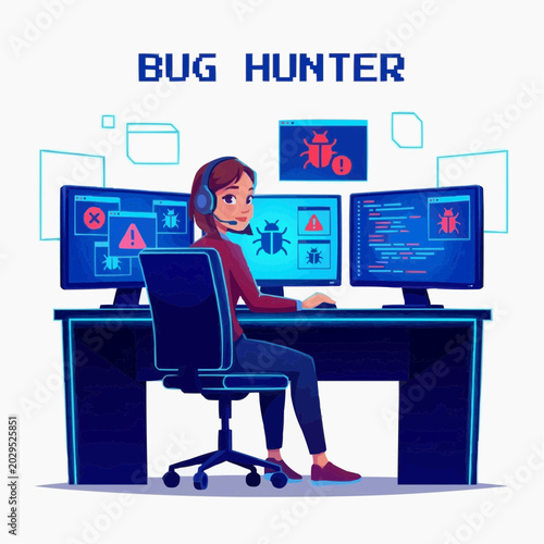 A focused female bug hunter, wearing a headset, identifies software errors and vulnerabilities across multiple glowing computer screens within a digital security setting.