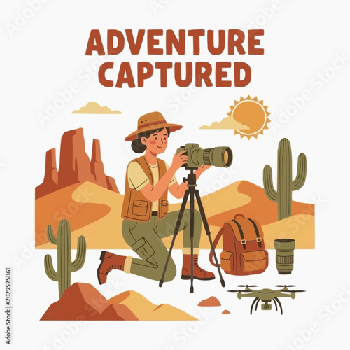 An adventurous female photographer captures stunning desert landscapes with a professional camera on a tripod, accompanied by a drone and backpack.
