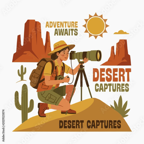 A female photographer with a hat, backpack, and large lens camera on a tripod, kneeling on a sandy dune, capturing desert landscapes with rock formations and cacti under a shining sun.