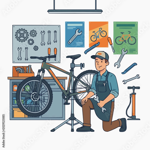 A young male bicycle mechanic in an apron and cap, kneeling next to a mounted mountain bike in a clean, organized workshop, holding a wrench, with various tools and posters on the walls.
