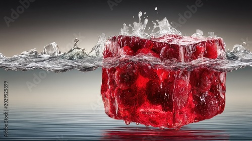 Red Ice Cube Splashing Into Water Surface in Studio Setting