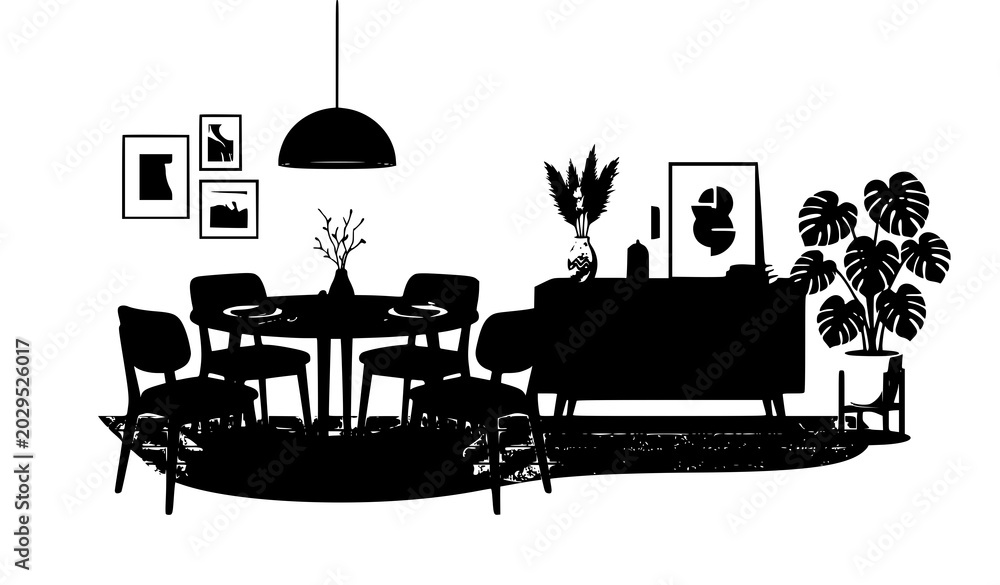 Obraz premium Modern Dining Room and Living Area Interior Vector Silhouette Featuring Round Table, Chairs, Cabinet Sideboard, Pendant Lamp, and Decorative Artwork Layout