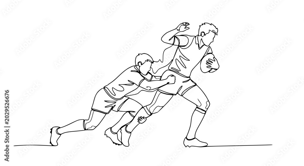 Fototapeta premium Rugby players, one tackling the other, continuous line art, dynamic action, sport illustration