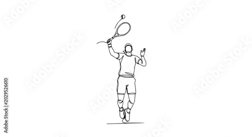 Obraz na plátně Minimalist line art drawing of a tennis player serving a ball, single continuous