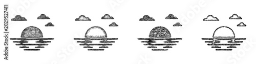 Sketch black and white sea sunset icon design set