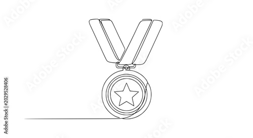 Bild auf Leinwand Continuous line drawing of a star medal with ribbon, symbolizing achievement and victory