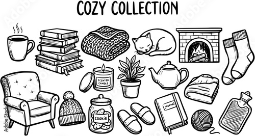 Foto Cozy Collection Line Art: Cat, Fireplace, Books, Tea, Chair, Candle, Socks, Hot