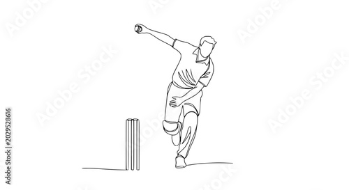 Foto Cricket bowler in action, one line drawing, dynamic pose, white background