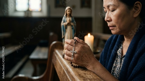 An Asian woman, with her eyes closed, prays with rosary beads in her folded hands before a statue of the Virgin Mary in a church.