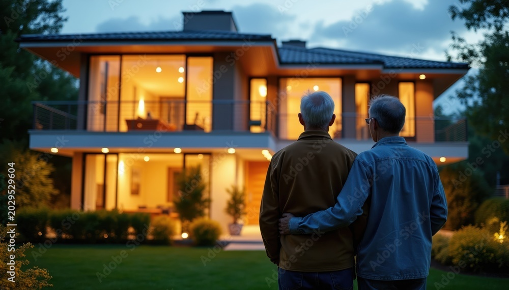Fototapeta premium Two elderly men admire their new modern house at dusk. Lights glow warmly from windows in the expansive home. They stand together on the green lawn.