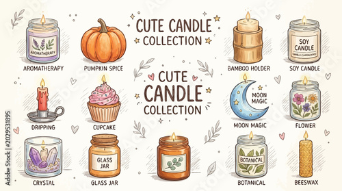 Принти на полотні Collection of cute, hand-drawn candles in various styles and scents, perfect for home decor and relaxation