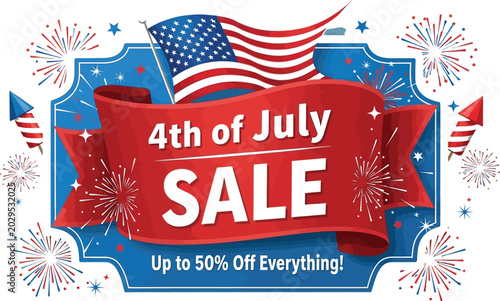 4th of july sale banner with american flag and fireworks illustration