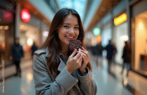 Smiling young woman holds chocolate cookie near mouth inside shopping center. Blurred people and storefronts in background  indoors. She enjoys a sweet treat during a shopping break.