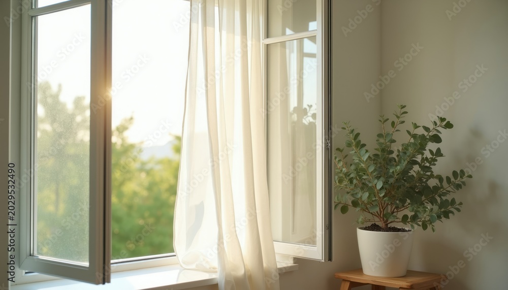 Fototapeta premium Open window with sheer curtain blowing in breeze, sunlight streaming into room. Potted plant sits on sill, creating airy, peaceful home vibe. Fresh air flows.