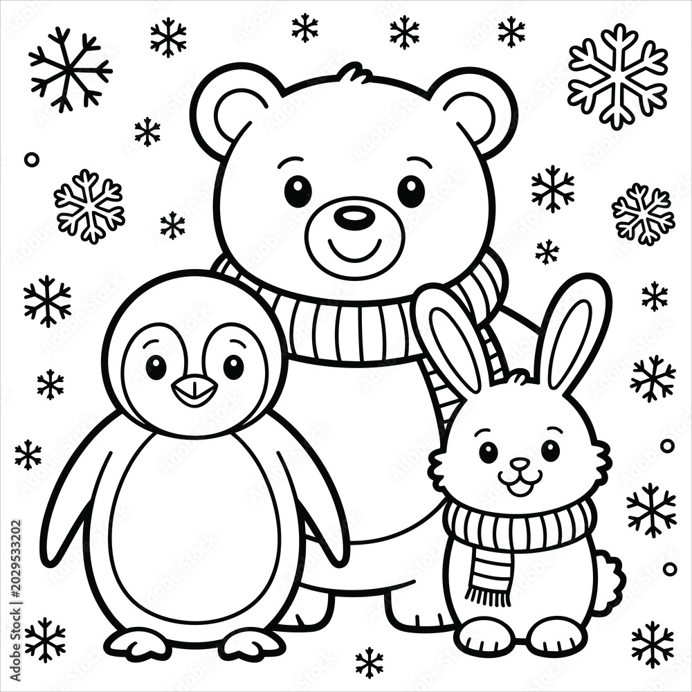 Obraz premium Coloring page with cartoon bear, penguin, and rabbit in winter